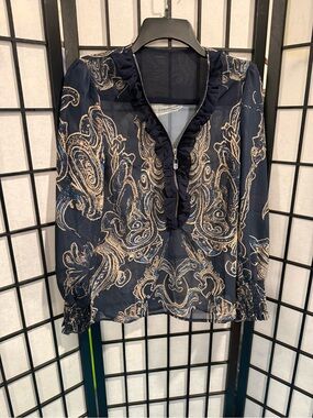 Womens Navy Paisley Ruffle Zip Blouse(G2)